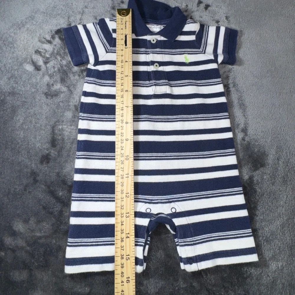 Ralph Lauren Baby Boy Navy White Striped Polo Romper 6M Short Sleeve Pony Logo
